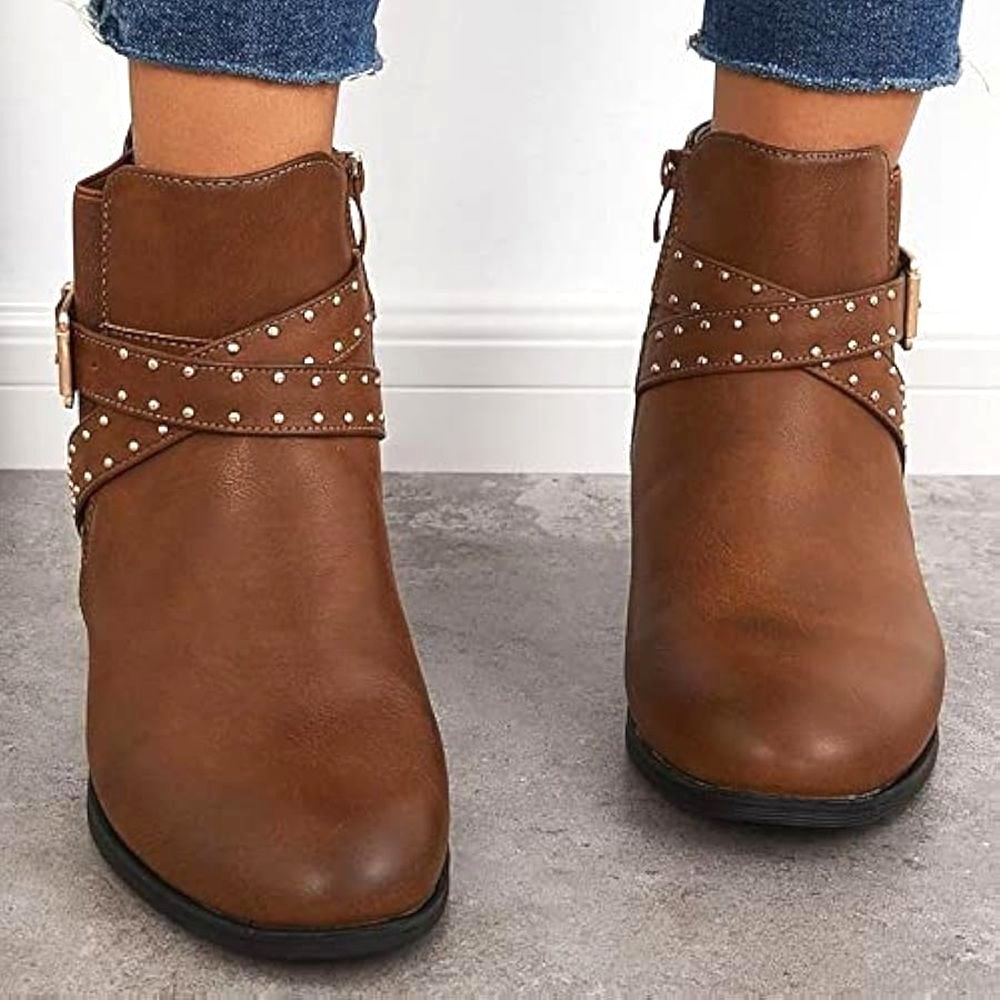 Tan Low Ankle Boots Vegan Faux Leather Women's 6.5 Studs Buckle Western Boho